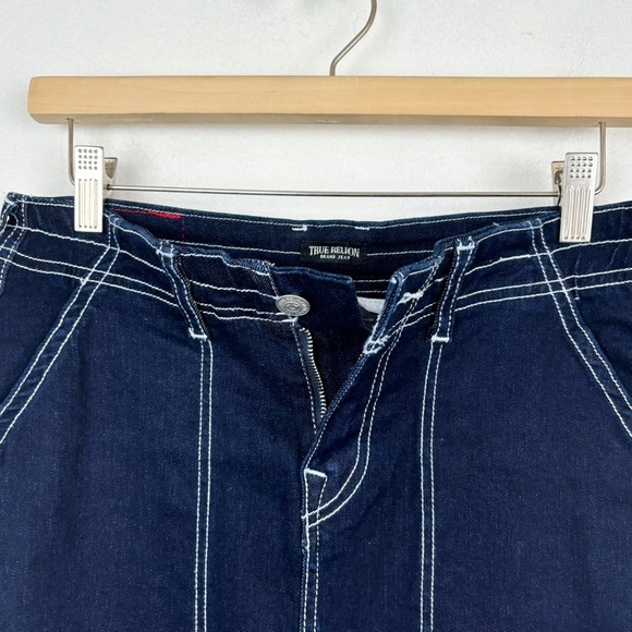 NWT True Religion Dark Wash Contrast Stitch Denim Cargo Slitted Maxi Skirt Sz 26 - Picture 9 of 11